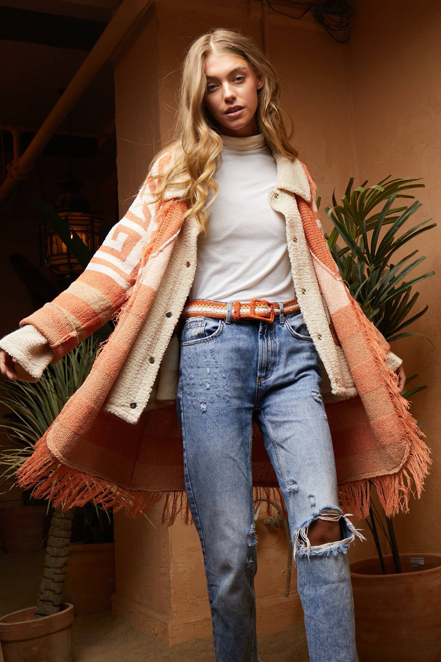 FRINGE GEOMETRIC STRIPE CARDIGAN