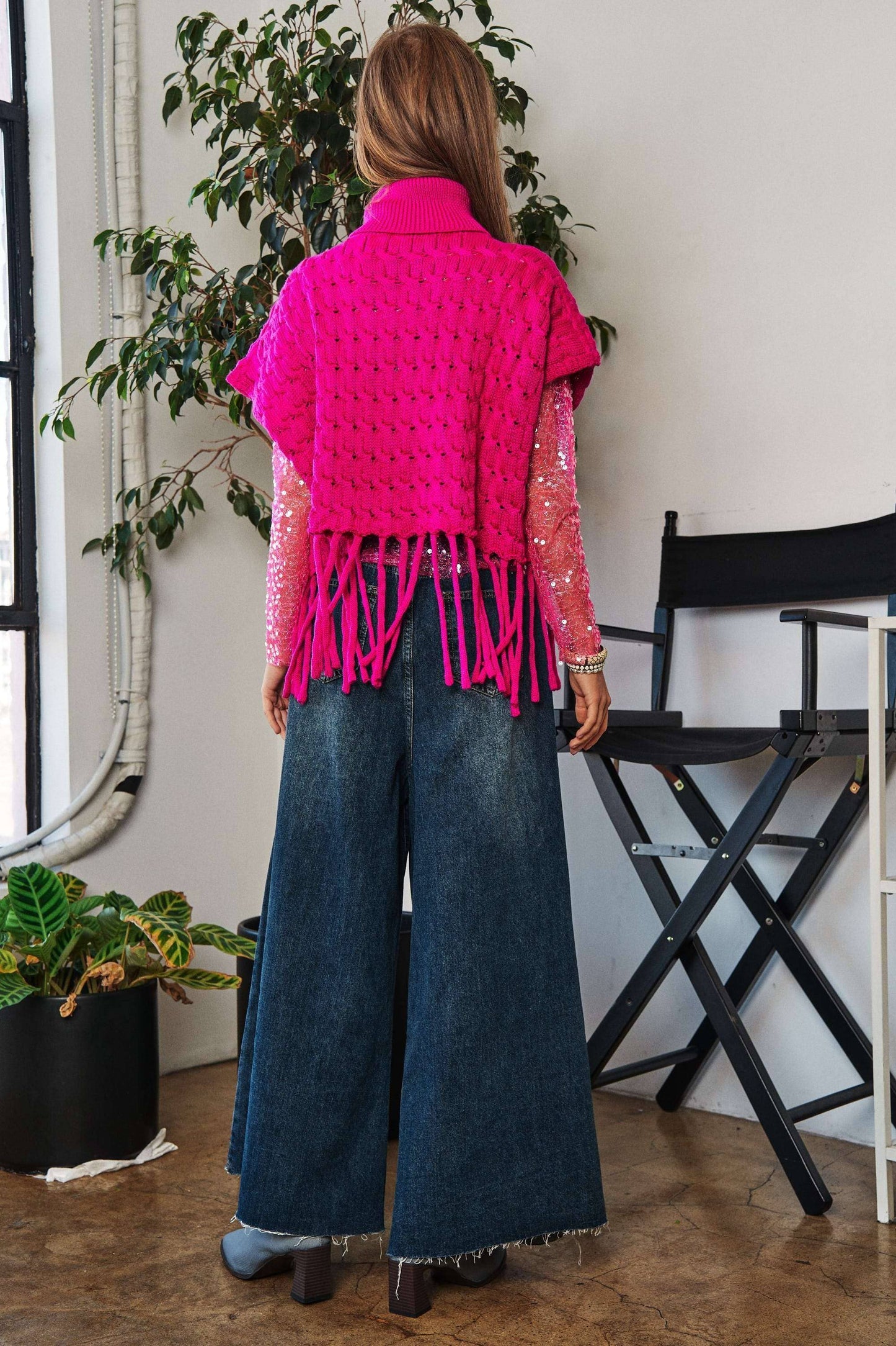 Viva Magenta Fringed Hem Turtleneck Sweater by Davi & Dani