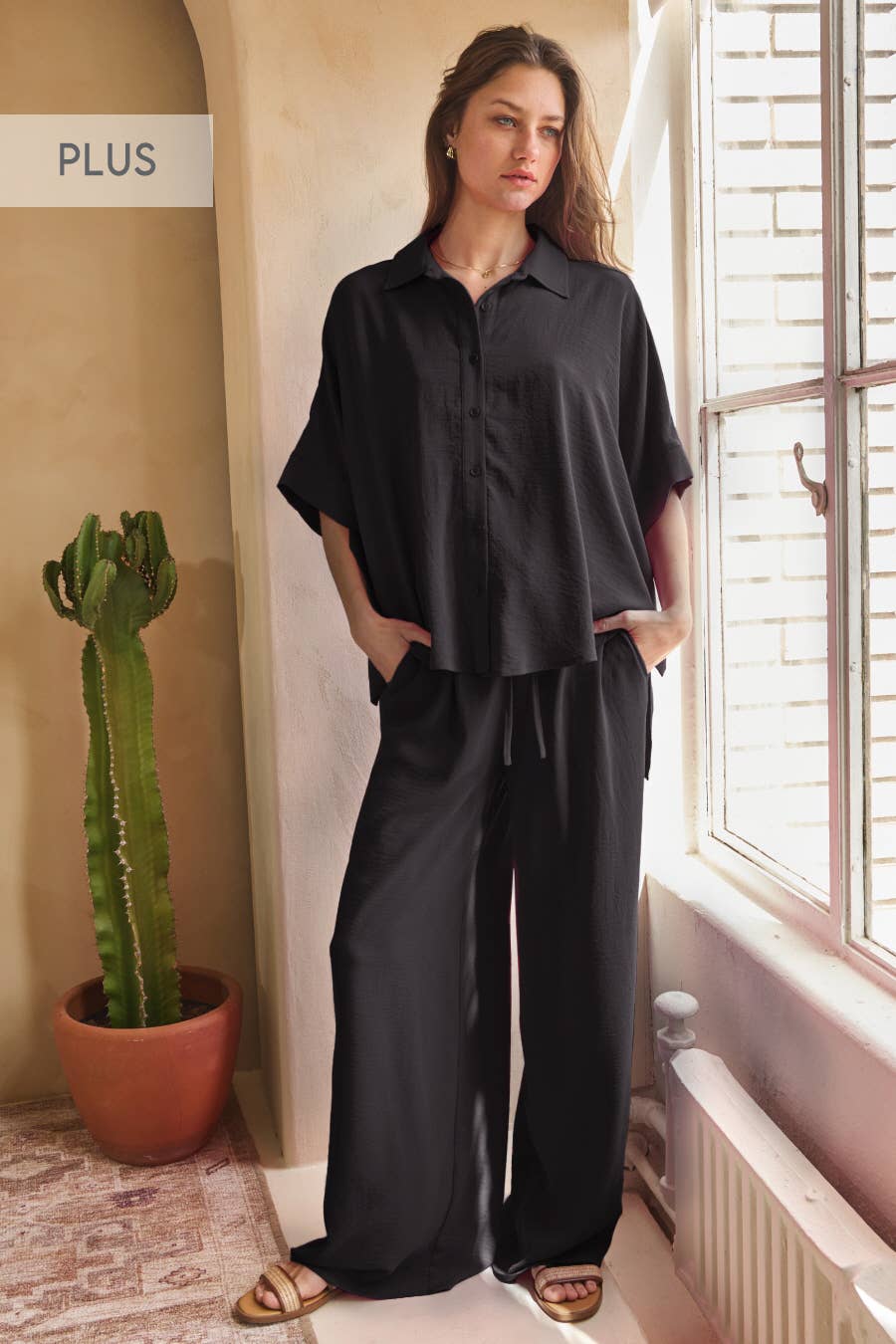 Oddi - Curvy Solid Airflow Shirt & Wide Leg Pants Set