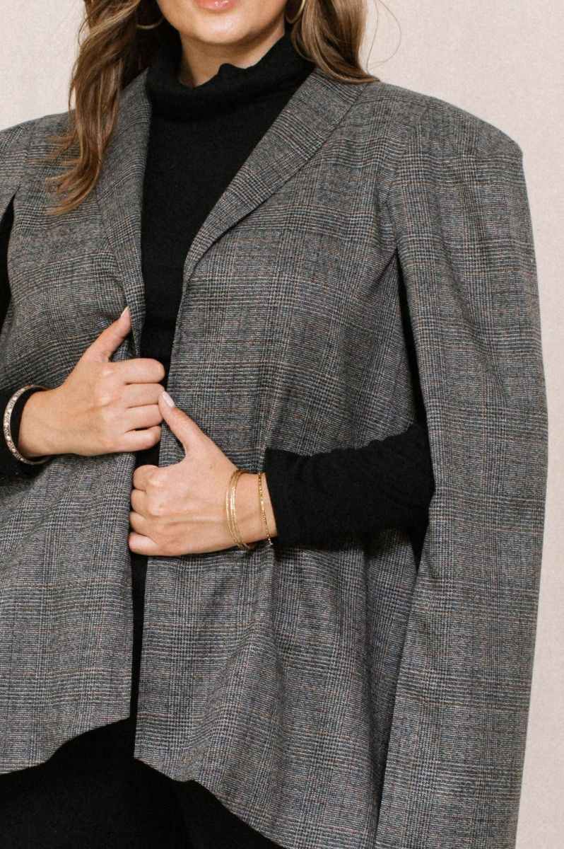Charcoal Plaid Open Front Cape Jacket