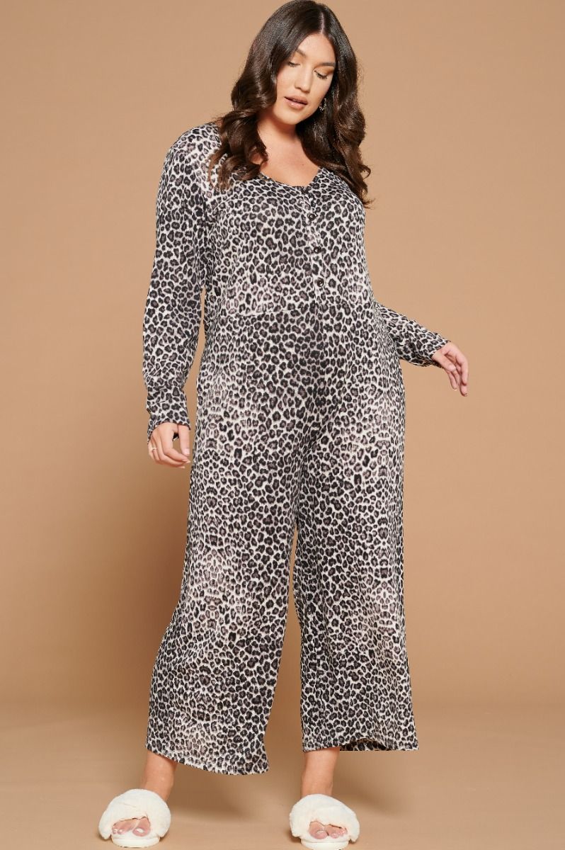 Grey Leopard Printed Wide-Leg Jumpsuit