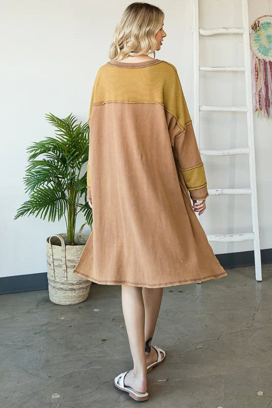 O&I MUSTARD WASHED CONTRAST YOKE LONG SLEEVE TUNIC TOP