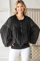 O&I Black WASHED RUFFLE DETAIL WASHED SMOCKED HEM TOP