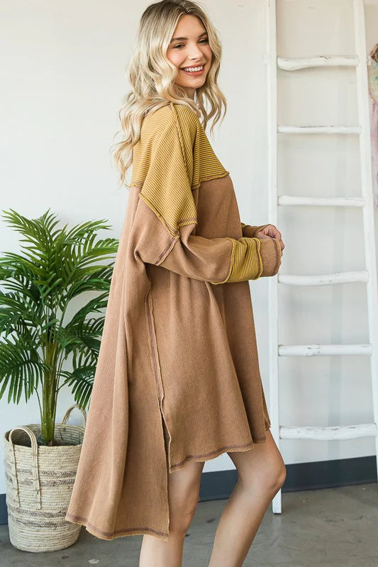 O&I MUSTARD WASHED CONTRAST YOKE LONG SLEEVE TUNIC TOP
