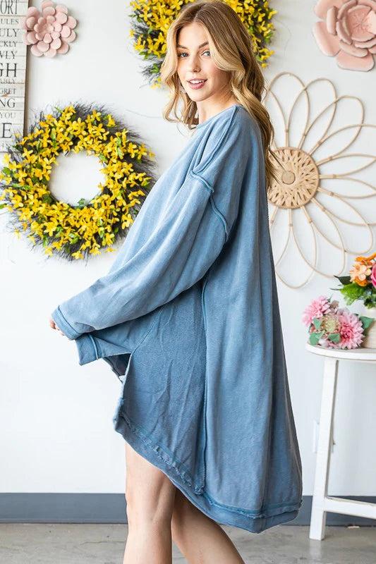 O&I DENIM BLUE WASHED HI LOW HEM OVERSIZED PULLOVER TOP