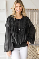 O&I Black WASHED RUFFLE DETAIL WASHED SMOCKED HEM TOP