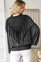 O&I Black WASHED RUFFLE DETAIL WASHED SMOCKED HEM TOP