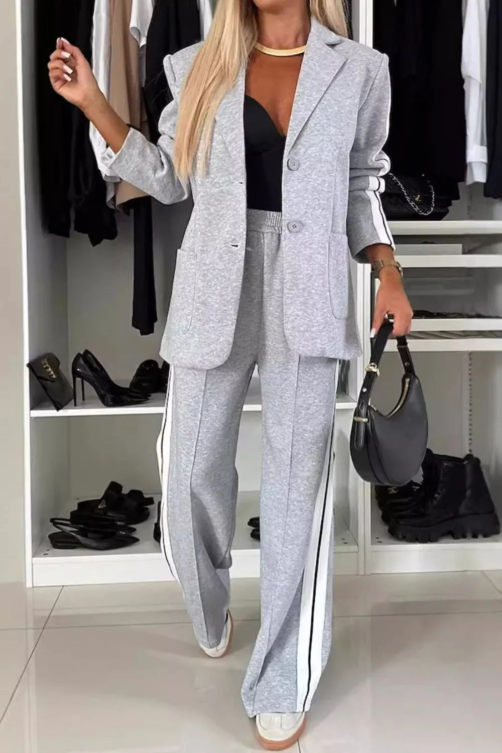 Contrast Lapel Collar Top and Pants Set-Gray 3x