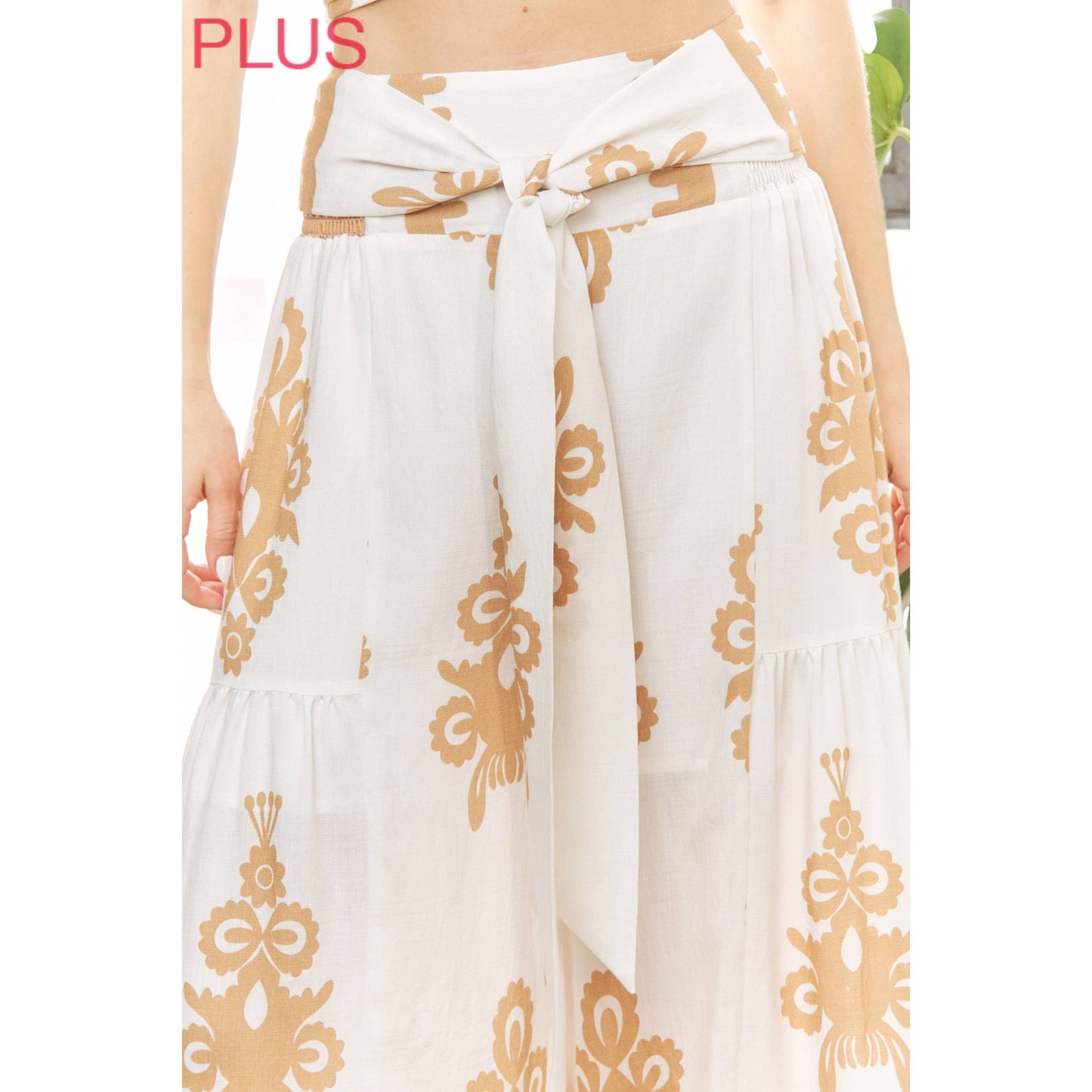CURVY CHIC BOHO SELF BELTED WIDE LEG PANTS