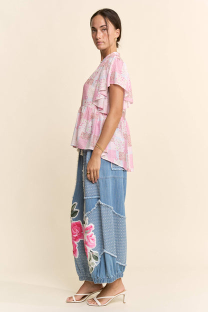 Davi & Dani - DENIM FLOWER PATCHWORK PANTS