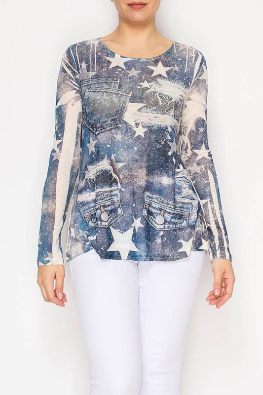 Origami DENIM STAR Sparkly Sheer Mesh Top