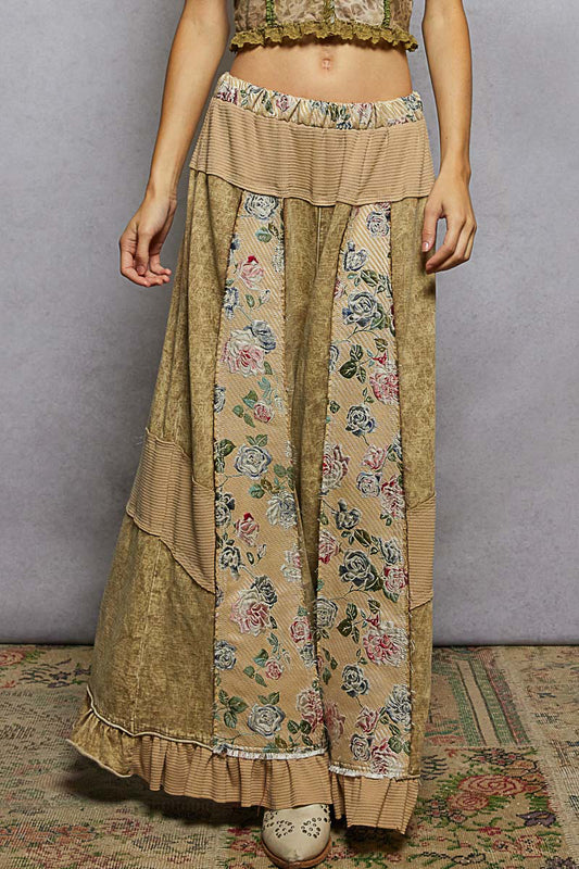 Dusty Choco French Terry Patchwork Pants with Ruffle Hem