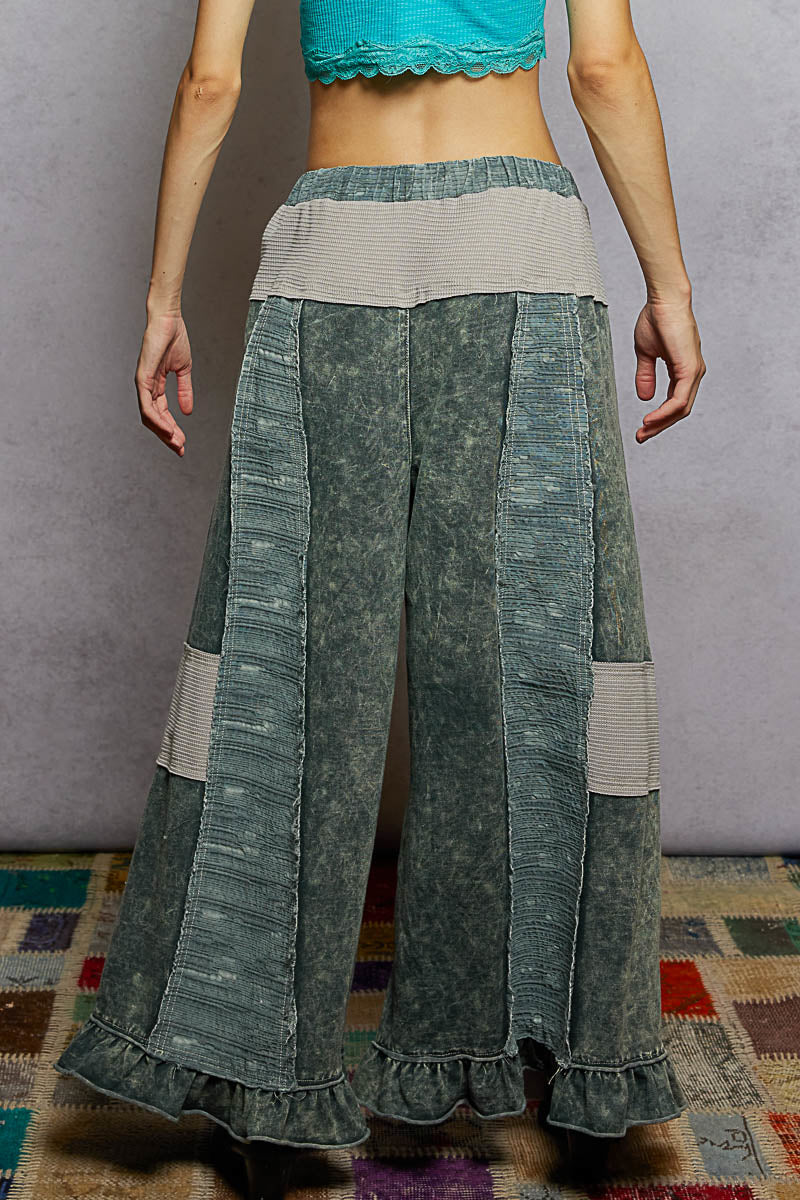 Char French Terry Patchwork Pants with Ruffle Hem