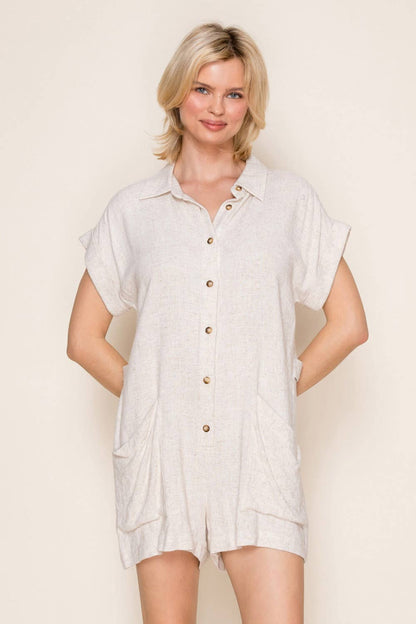 White Birch - Oatmeal Short Sleeve Solid Knit Romper