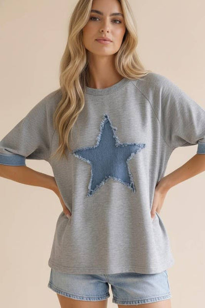 Denim Star Patchwork Washed French Terry Top
