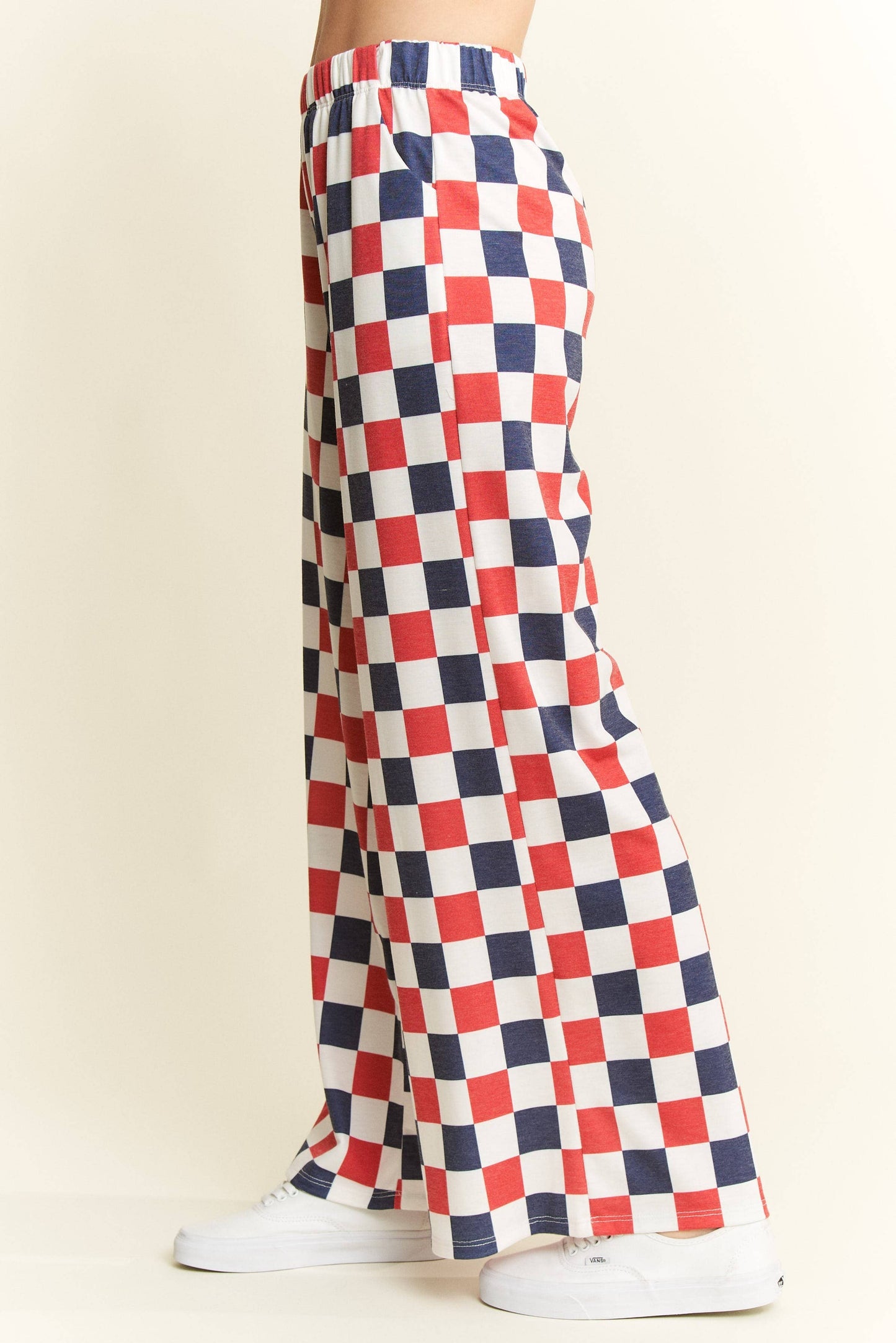 NAVY/WHITE HIGH WAIST CHECKERED KNIT PANTS