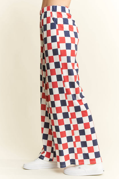 NAVY/WHITE HIGH WAIST CHECKERED KNIT PANTS