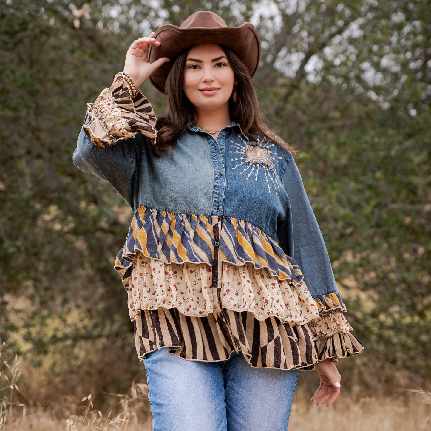 Young Threads - Vintage Boho Denim Yoke Patchwork Tiered Tunic Top  NEW