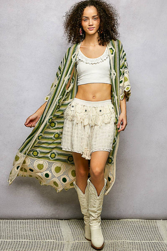 Pol Clothing - 3/4 Sleeve Striped Floral Pattern Crochet Open Cardigan