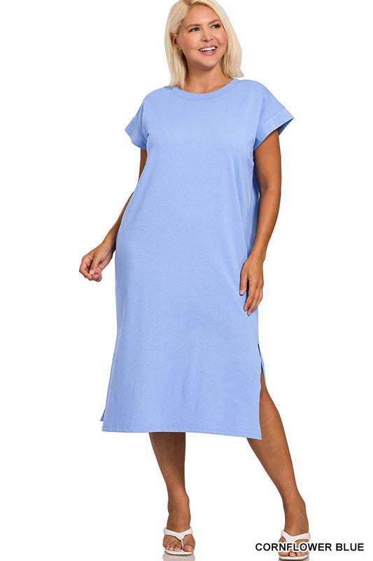 Cornflower Blue Round Neck Short Sleeve Midi Dress
