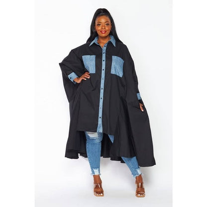 Denim & Black Color-Block Button Down Loose Fit Shirt Dress