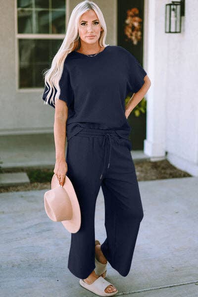 Double Take Full Size Texture Short Sleeve Top and Pants Set: Navy