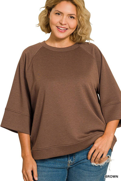 Brown Scuba Knit- 3/4 Sleeve Pullover w/ Matching Shorts