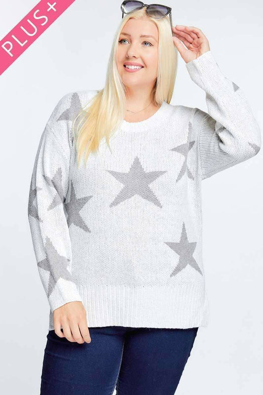 STAR PRINT LONG SLEEVE ROUND NECK SWEATER
