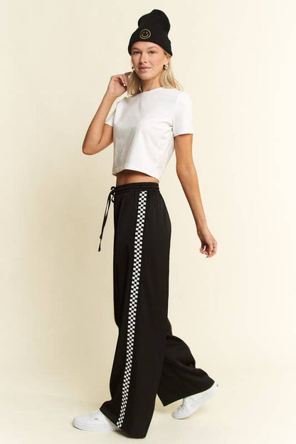 JADE BY JANE - SOLID SATIN SWEATPANTS WITH SIDE CHECKERBOARD TAPE