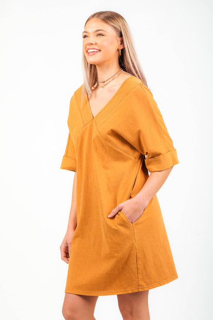 Camel Half Sleeve Acid Wash Dress
