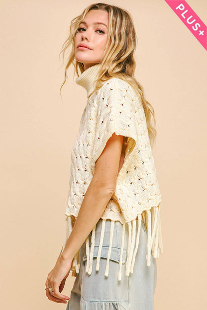 Cream Fringed Hem Turtleneck Sweater by Davi & Dani