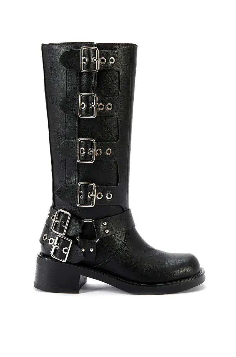 ***NEW ARRIVAL***BUCKLED UP-BLACK FLAT MOTO BOOT