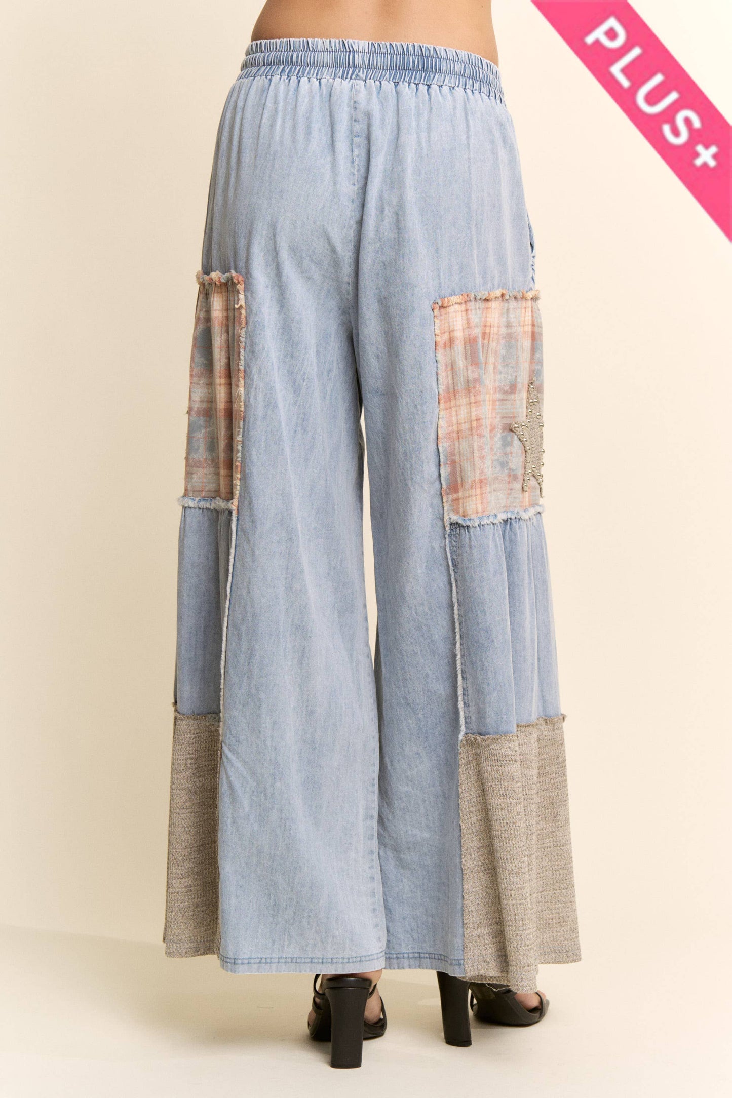 Davi & Dani - DENIM LACE BLOCKED WIDE LEG PANTS