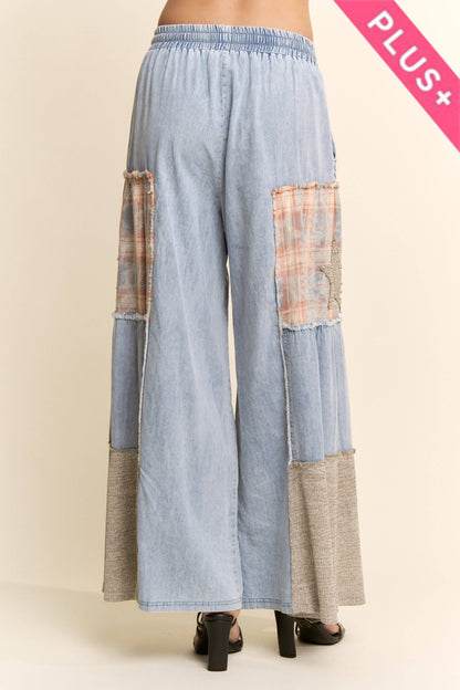 Davi & Dani - DENIM LACE BLOCKED WIDE LEG PANTS