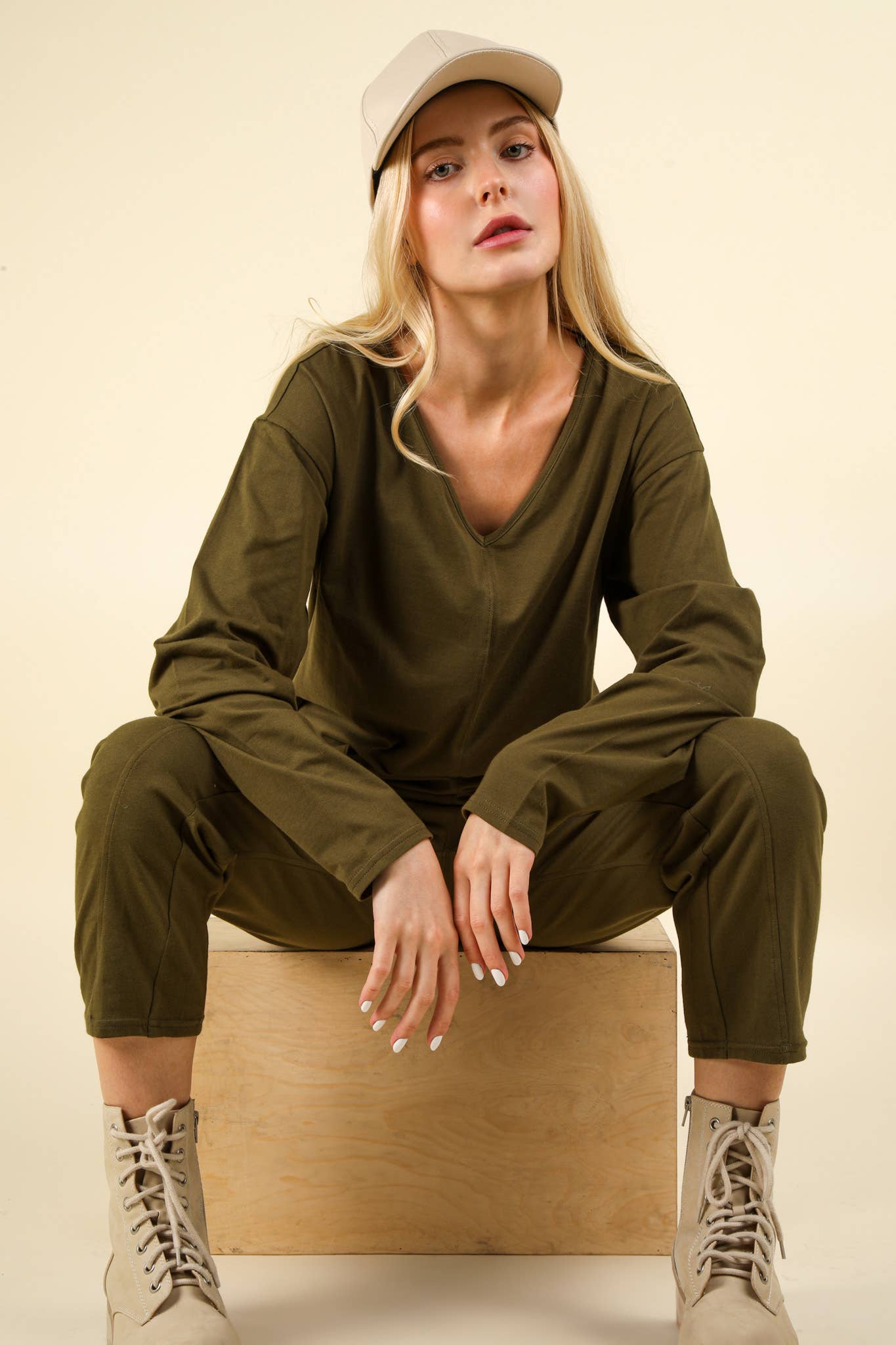 Olive- Curvy Solid Knit Baggy Comfy Jumpsuit