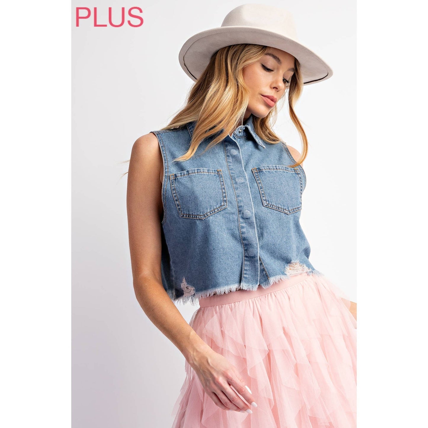 Sweet Generis - CURVY MEDIUM DENIM WASHED CROP VEST