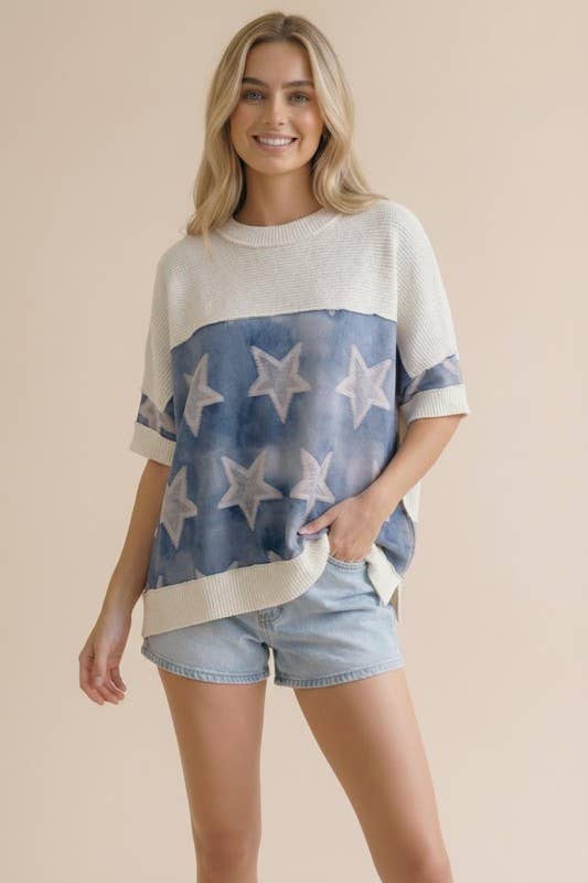 White & Denim Watercolor Oversized Star Top