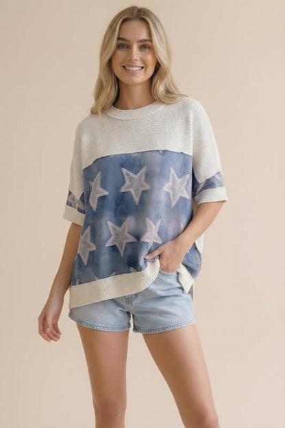 White & Denim Watercolor Oversized Star Top