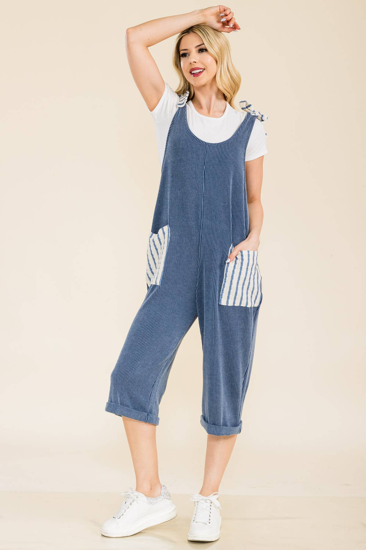 DENIM STRIPE URBAN RIBBED CAPRI JUMPSUIT