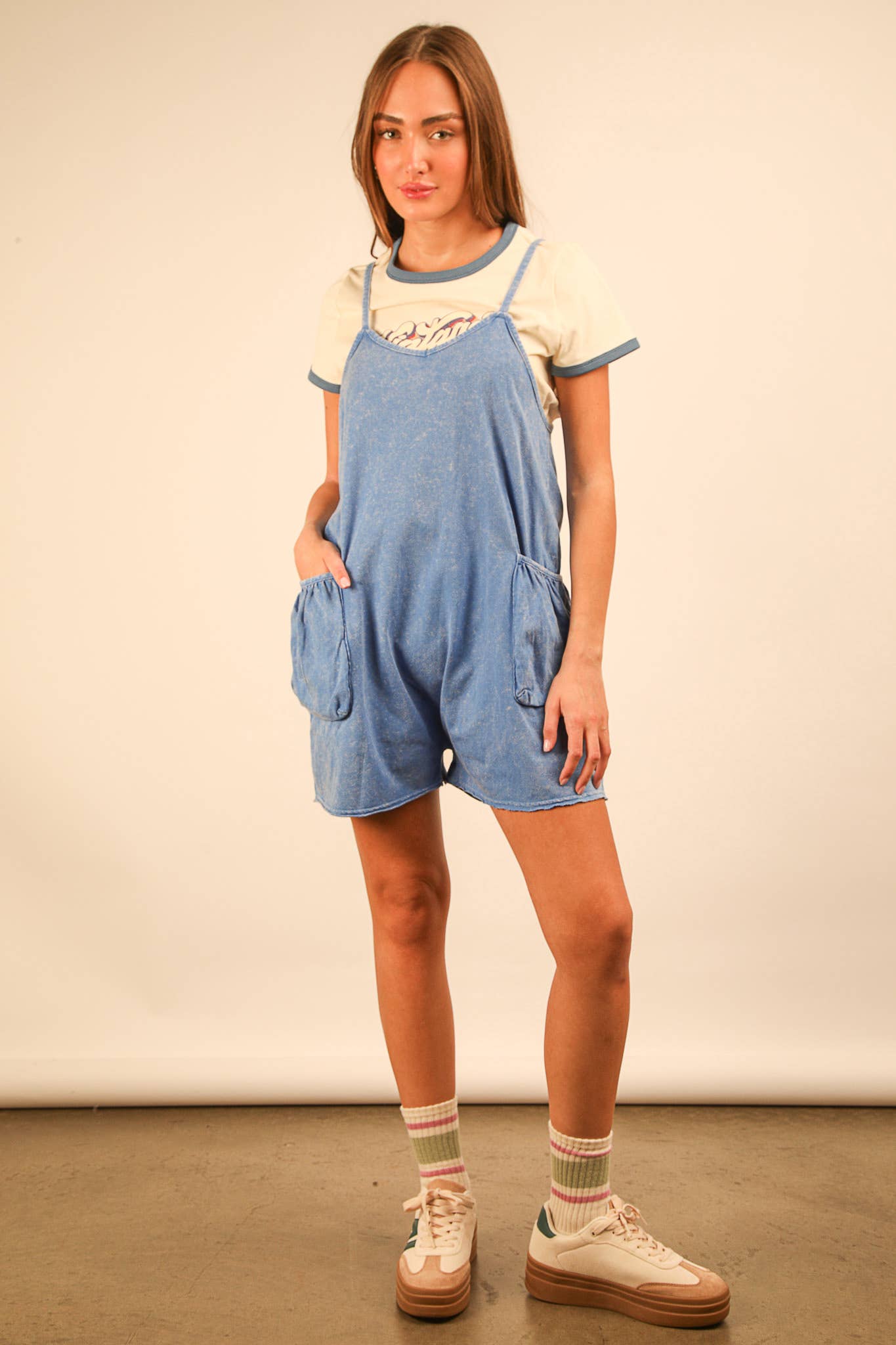 Blue Mineral Washed Sleeveless Knit Romper