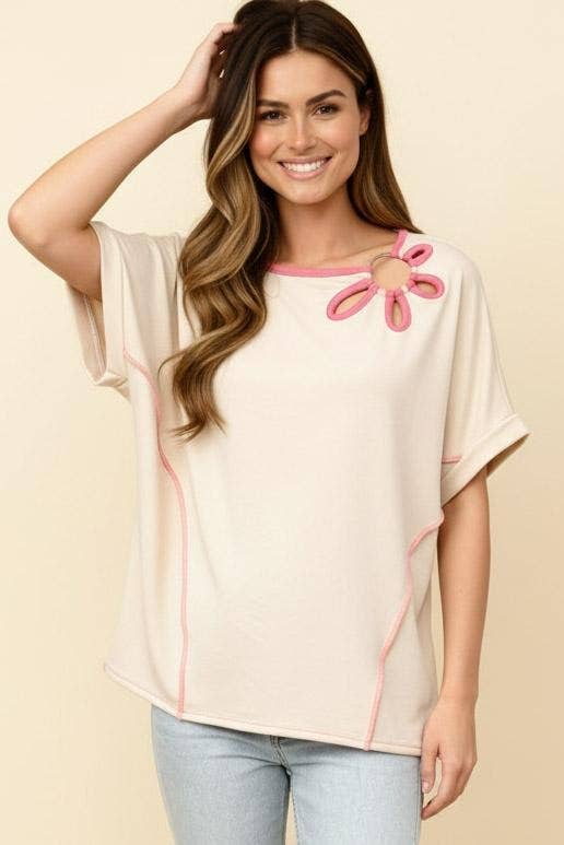 Oatmeal/Pink Floral Dolman Top