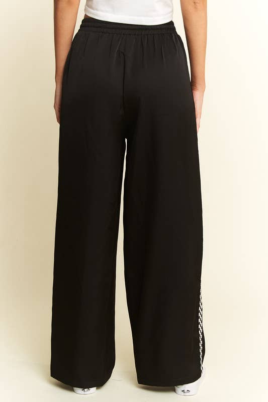 JADE BY JANE - SOLID SATIN SWEATPANTS WITH SIDE CHECKERBOARD TAPE