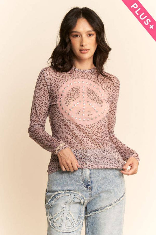 PINK LEOPARD MESH PEACE PRINT STUDS TOP