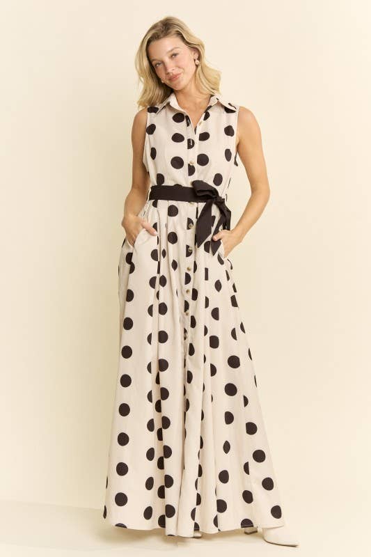 BLACK-POLKA DOT BUTTON DOWN BELTED SLEEVELESS SHIRT DRESS