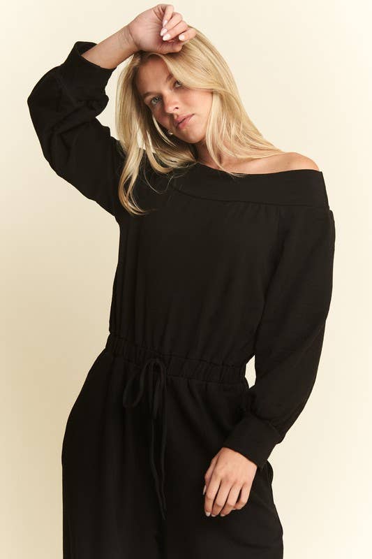Curvy Line Off Shoulder Terry Knit Jumpsuit