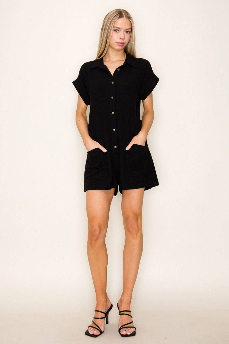 White Birch -Black Short Sleeve Solid Knit Romper