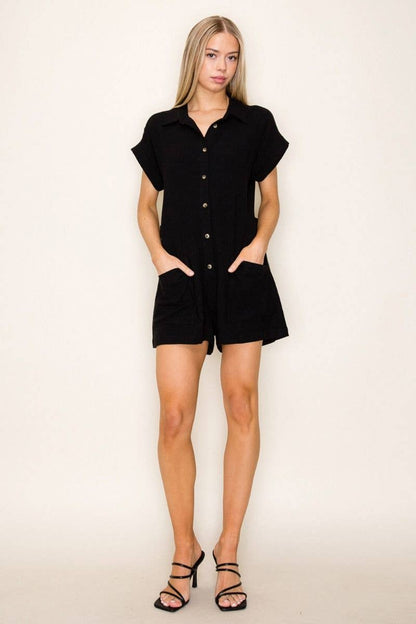 White Birch -Black Short Sleeve Solid Knit Romper