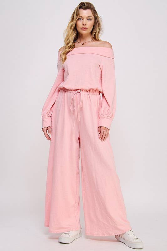 Curvy Line Off Shoulder Terry Knit Jumpsuit