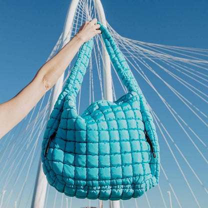 Blue Quilted Puffer Tote Bag: Blue