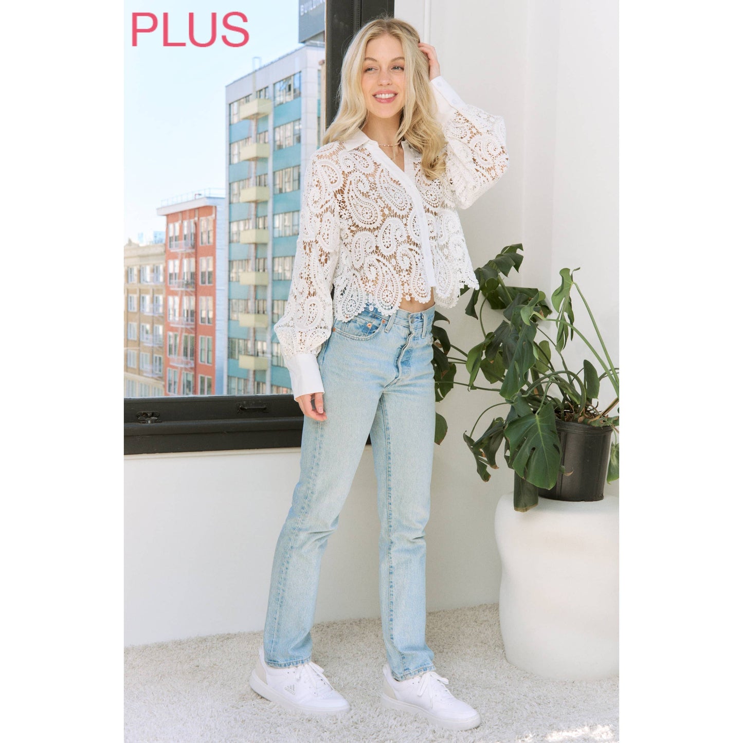 Sweet Generis - SHEER CROCHET SCALLOP EDGE CROP SHIRT BLOUSE